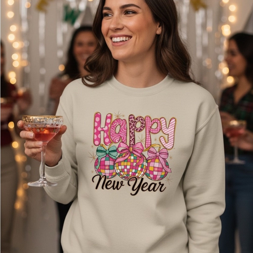 Happy New Year Pink Disco Sweatshirt White S M L XL New Checkers Polka dots - Picture 2 of 15